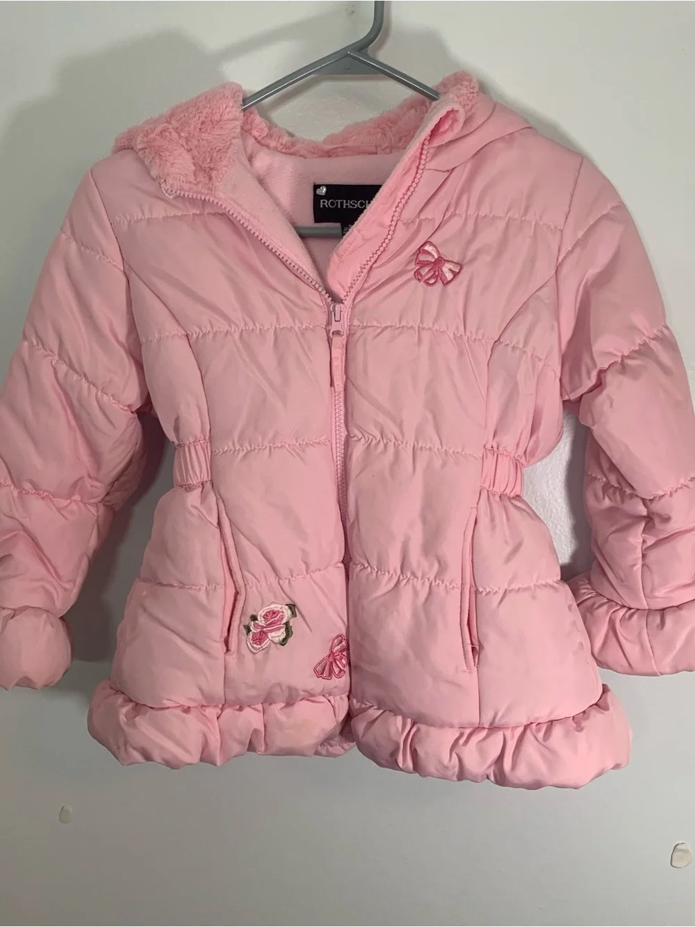 Rothschild Girls' Pink Puffer Jacket with Hood size 5/6 Embroidered